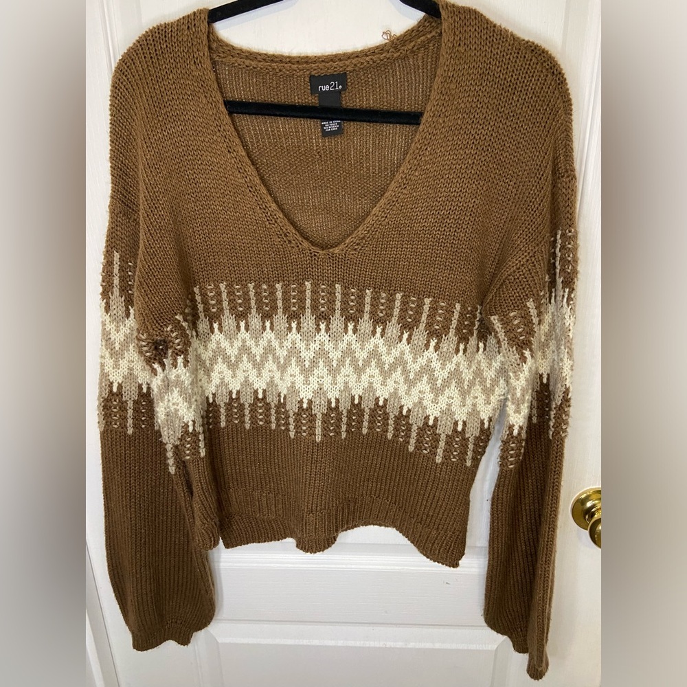 Rue21 Brown and Cream V-Neck Sweater with Nordic Pattern